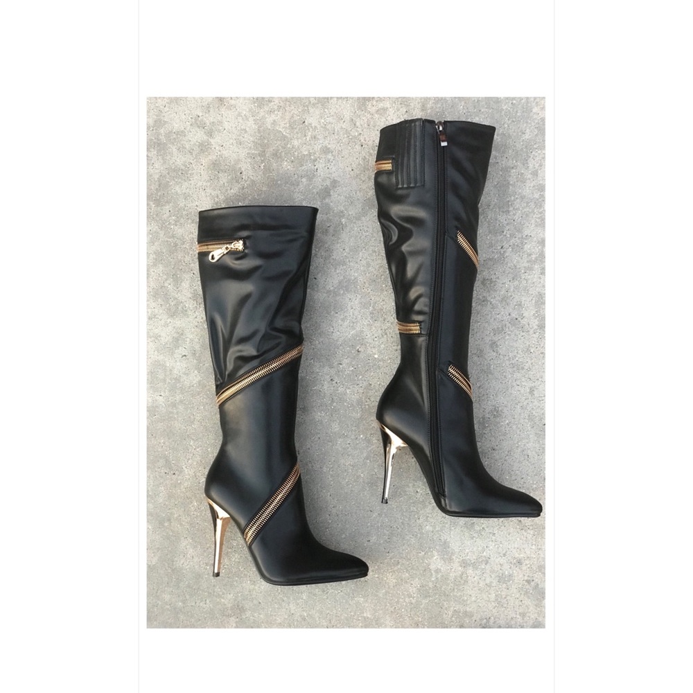 Knee high faux Party BOOT, Gold zipper, gold heel